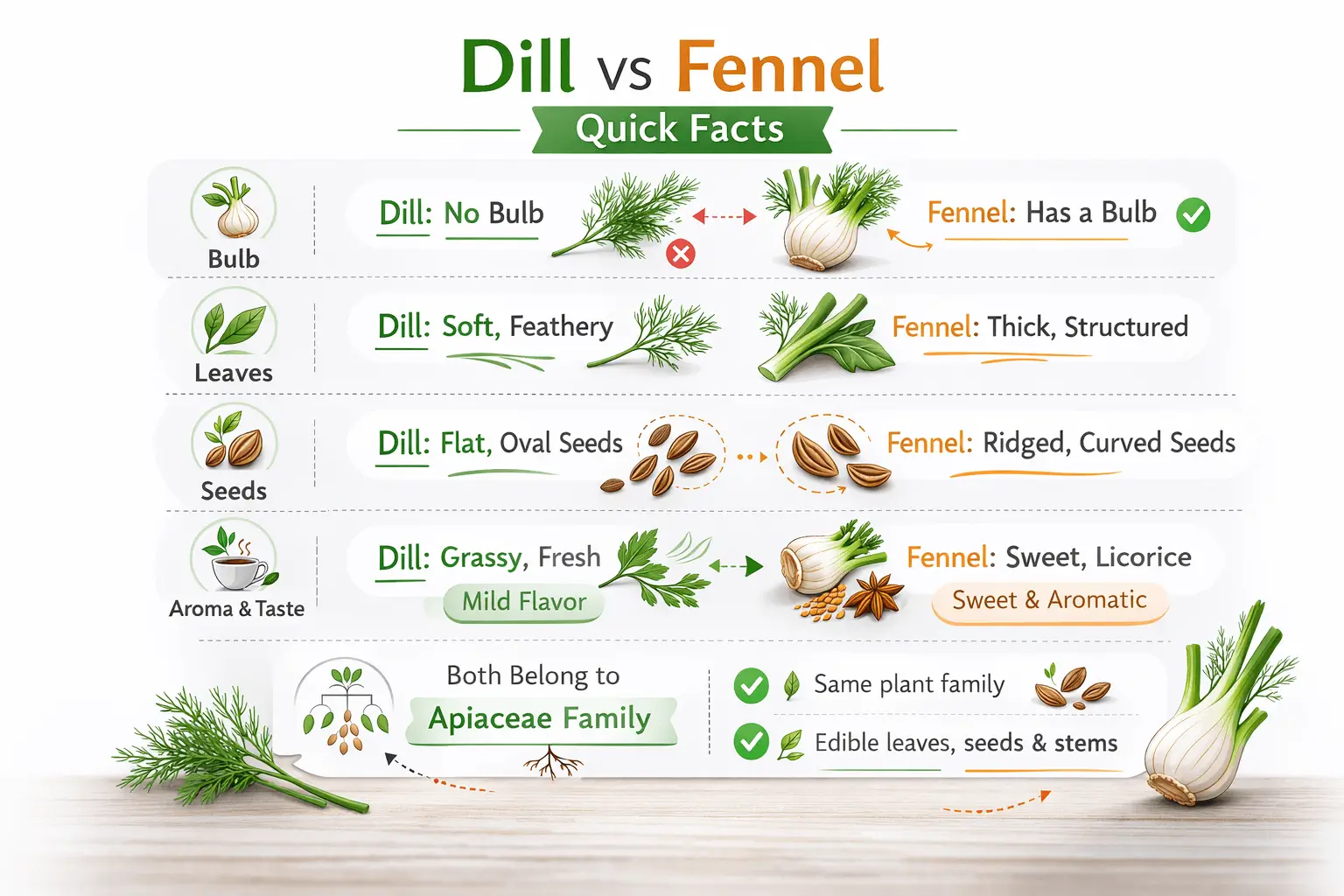 Dill vs fennel quick facts infographic summarizing key identification tips and differences between plants