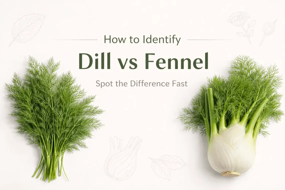 How to identify dill vs fennel banner showing visual differences between dill and fennel plants with leaves and bulb comparison