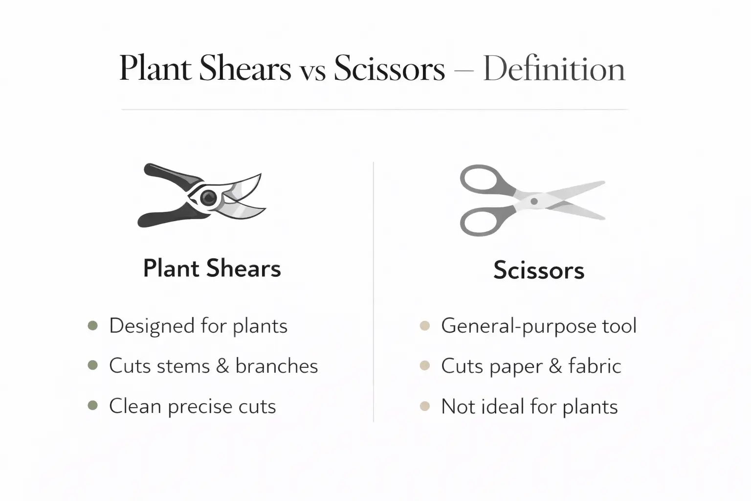 Plant shears vs scissors definition infographic explaining gardening tools vs general cutting tools
