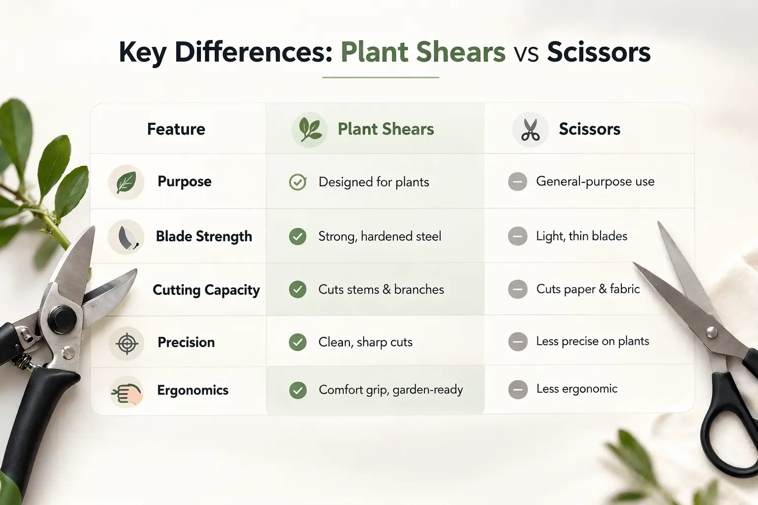 plant shears vs scissors comparison chart showing differences in strength, precision, and use