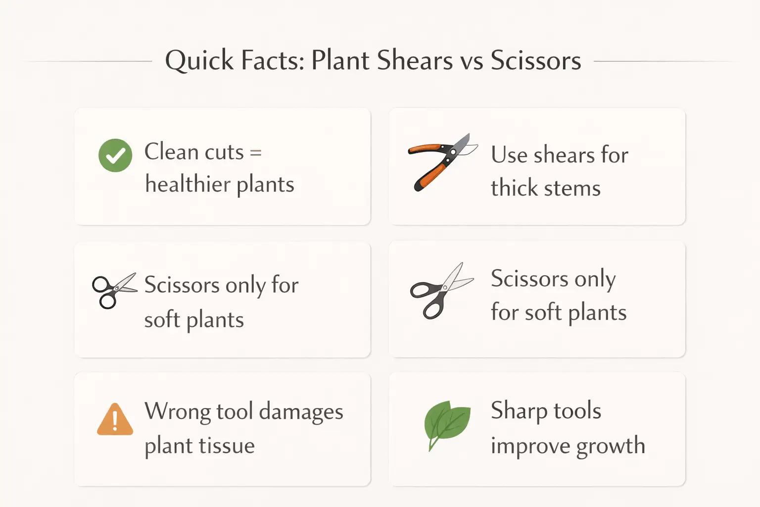 plant shears vs scissors quick facts infographic with pruning tips and plant health benefits