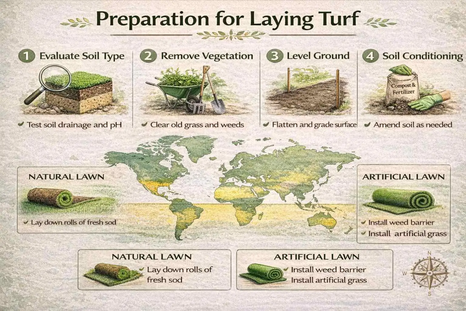 Infographic showing step-by-step preparation for laying turf including soil evaluation, clearing, leveling, conditioning, and turf installation.