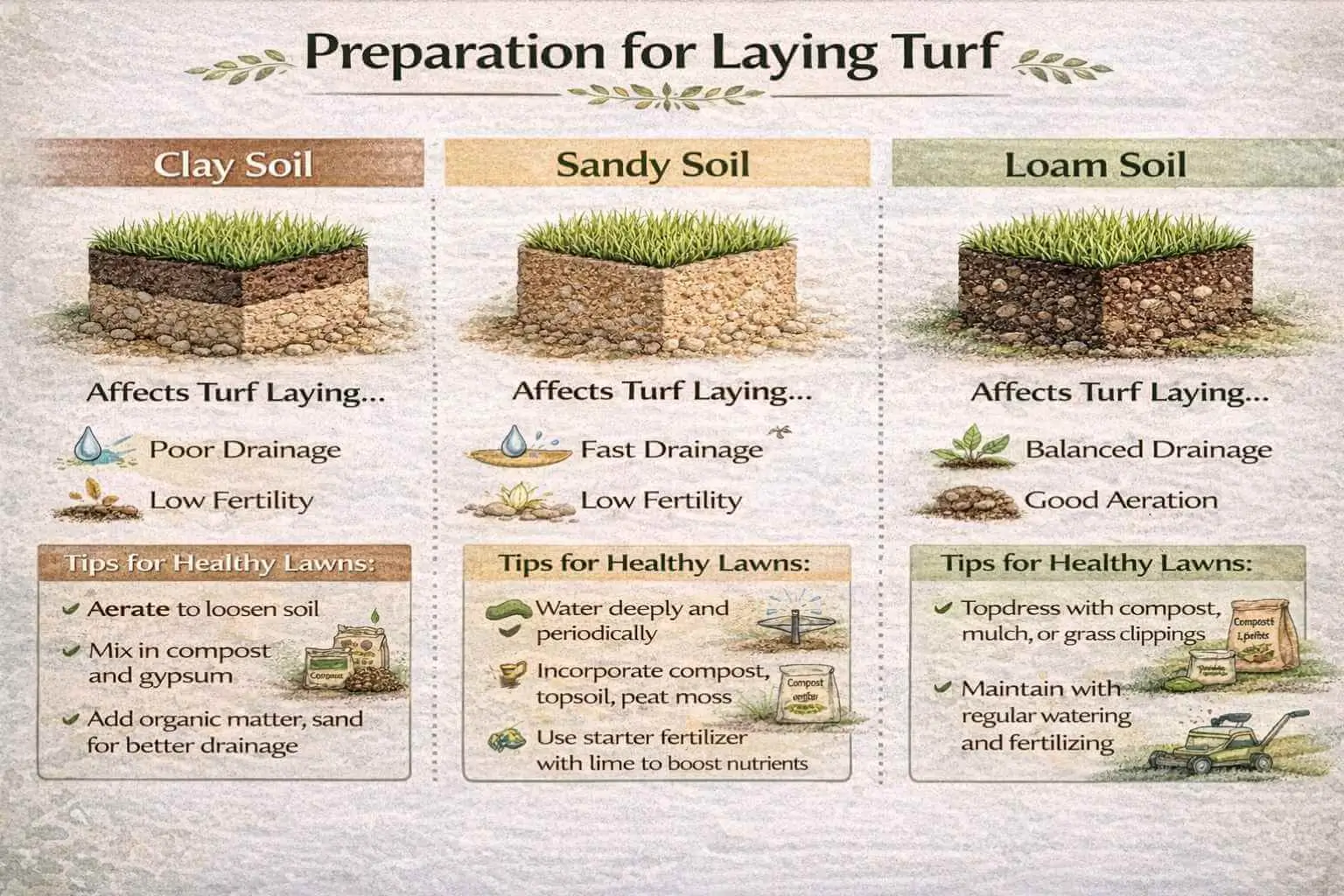 Infographic illustrating preparation for laying turf on clay, sandy, and loam soils with soil improvement techniques for optimal turf growth.