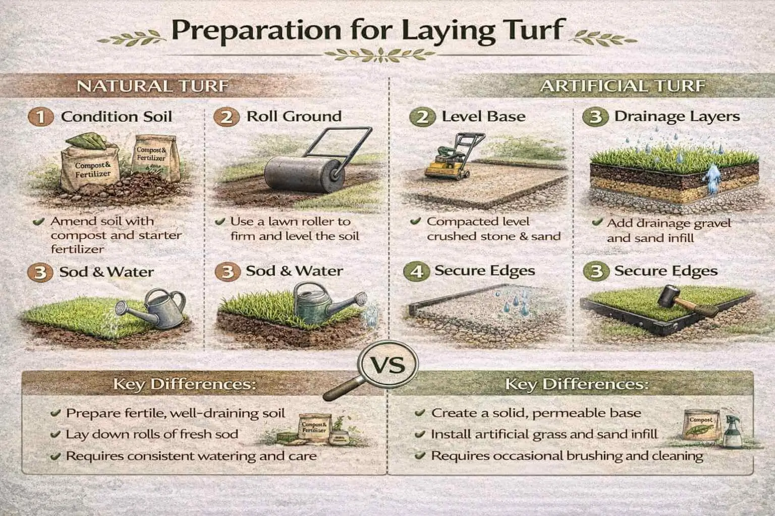 Infographic comparing natural and artificial turf preparation for laying turf, showing soil conditioning, base leveling, drainage, and watering steps.
