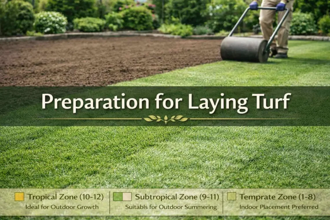 Preparation for laying turf on a freshly leveled garden lawn showing soil preparation and rolling techniques for healthy turf installation.