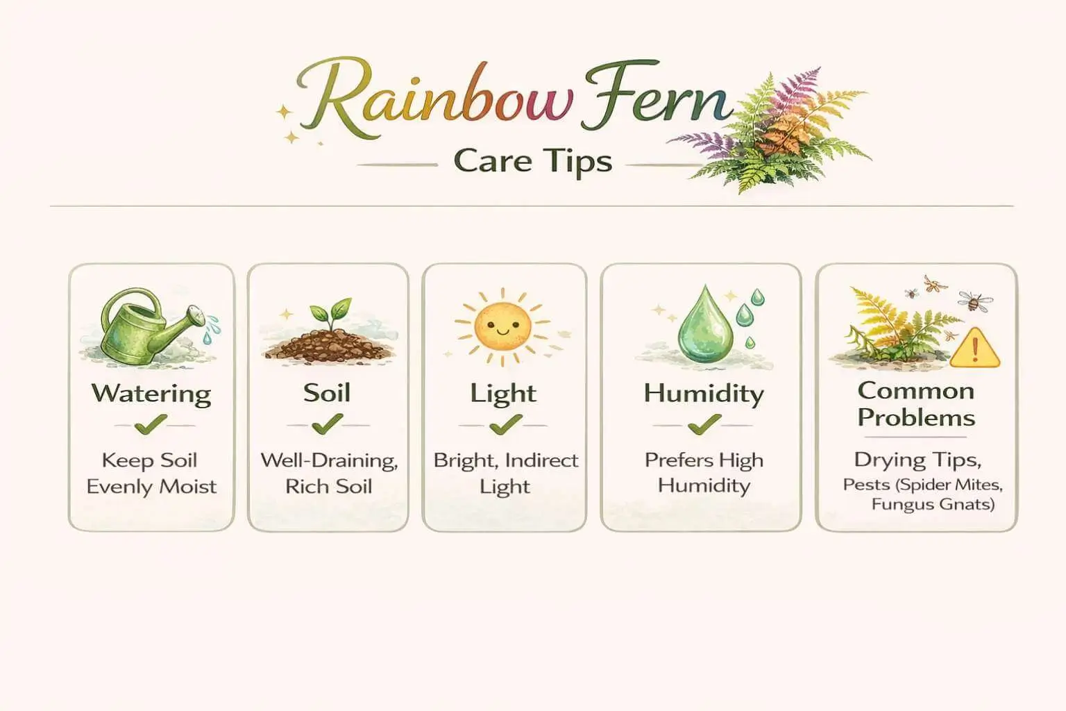 Rainbow Fern care tips infographic showing watering, soil, light, and humidity requirements