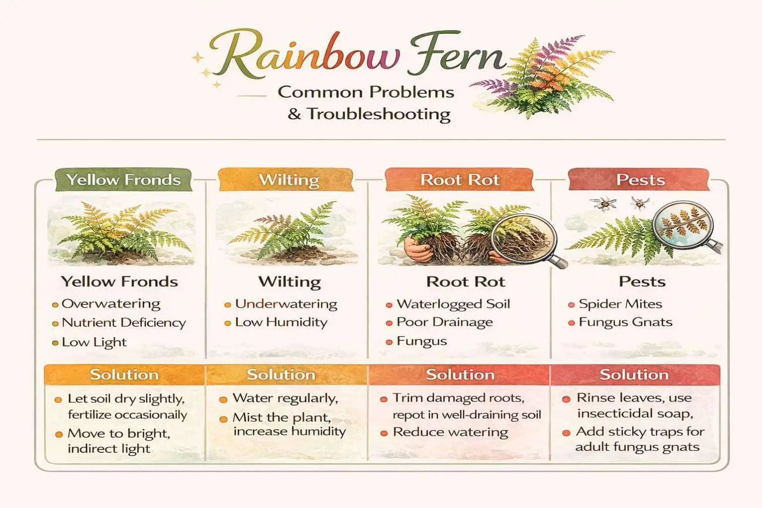 Rainbow Fern troubleshooting infographic showing yellowing, wilting, and pest solutions