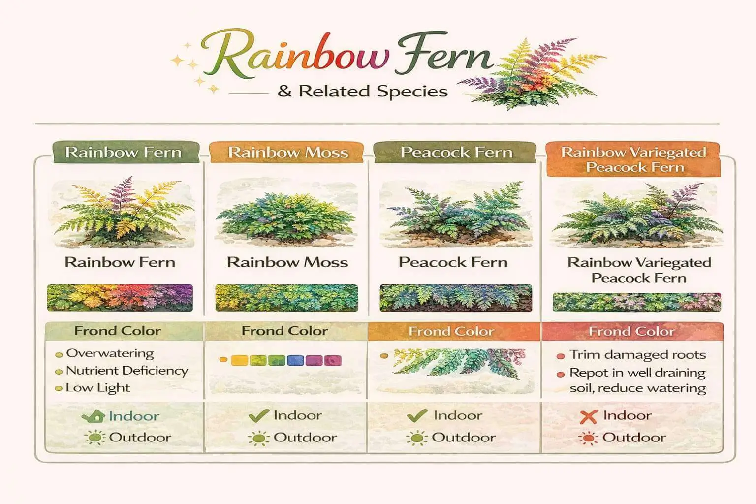 Rainbow Fern variations infographic comparing rainbow moss, peacock fern, and variegated peacock fern