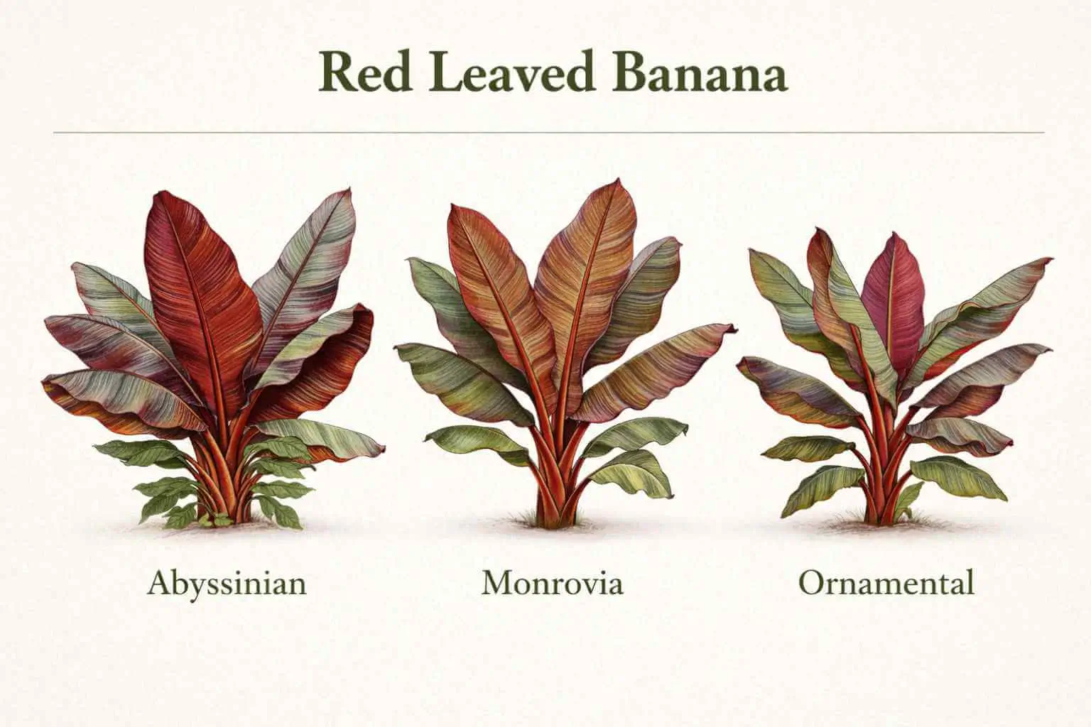 Red leaved banana plant varieties including Abyssinian, Monrovia, and ornamental types