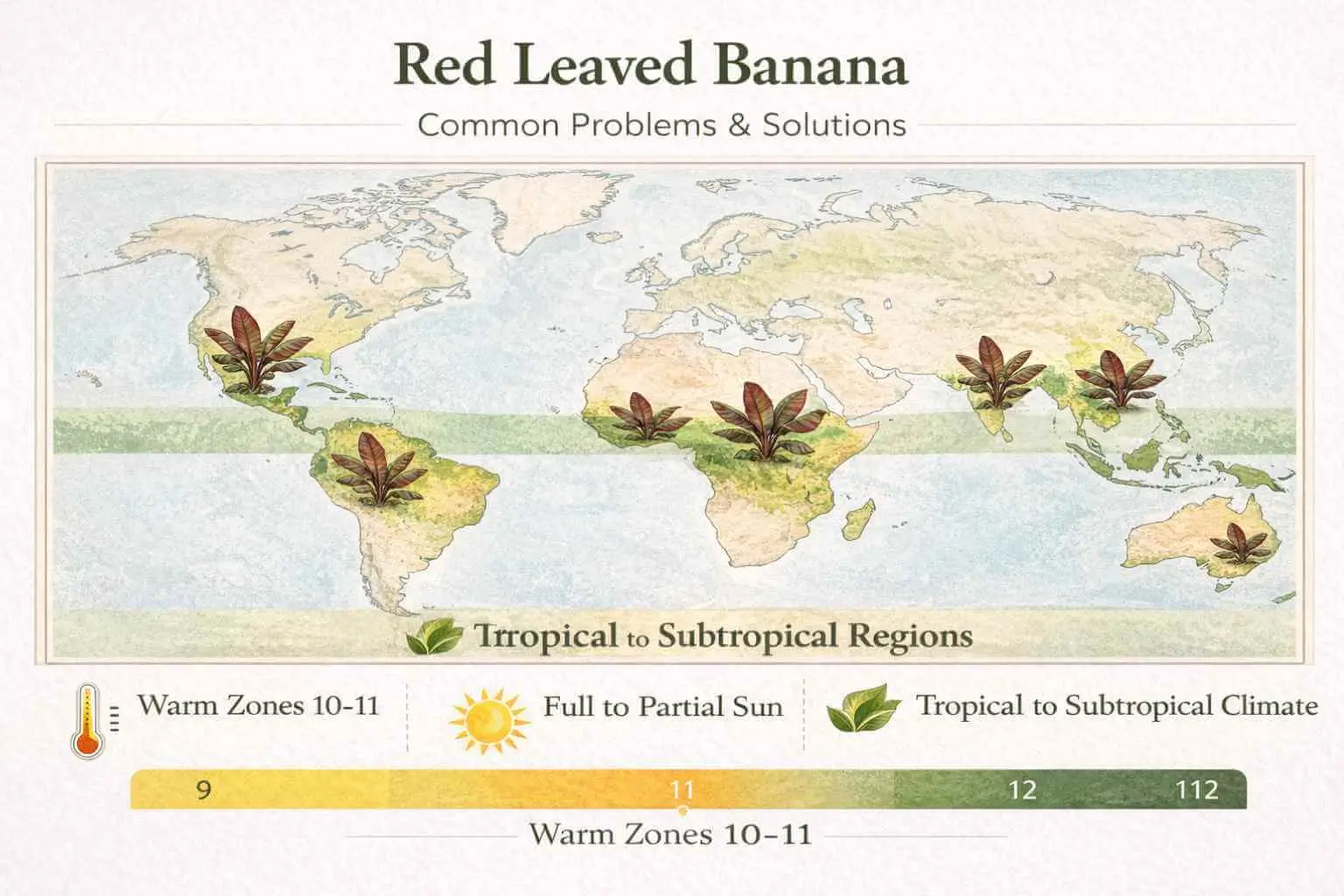 Red leaved banana planting zones and climate suitability map for tropical and subtropical regions