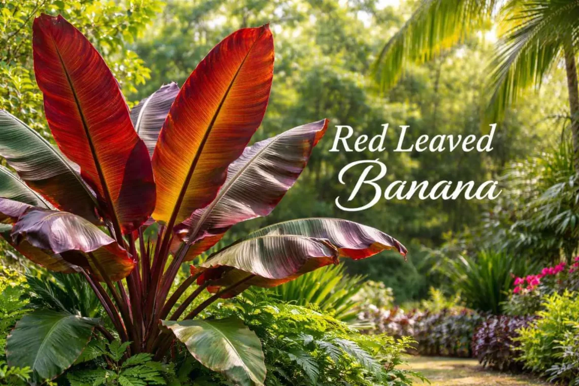 Red leaved banana plant with vibrant red foliage in a tropical garden
