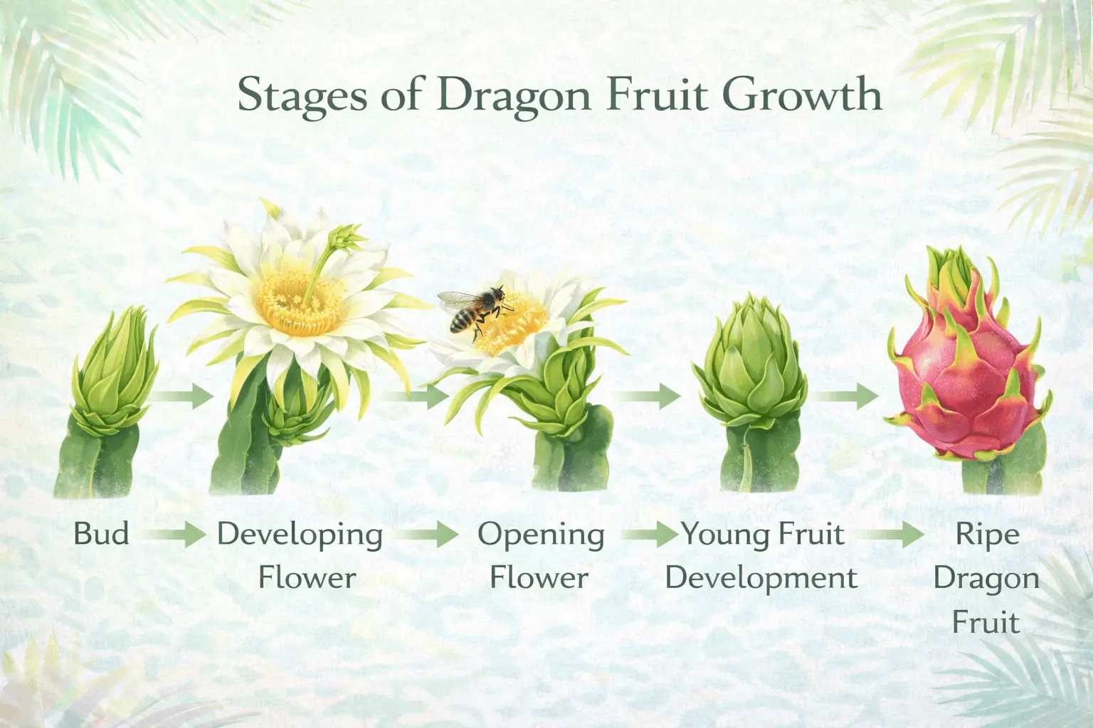 Stages of dragon fruit growth infographic showing flower bud formation pollination fruit development and ripe pitaya fruit.