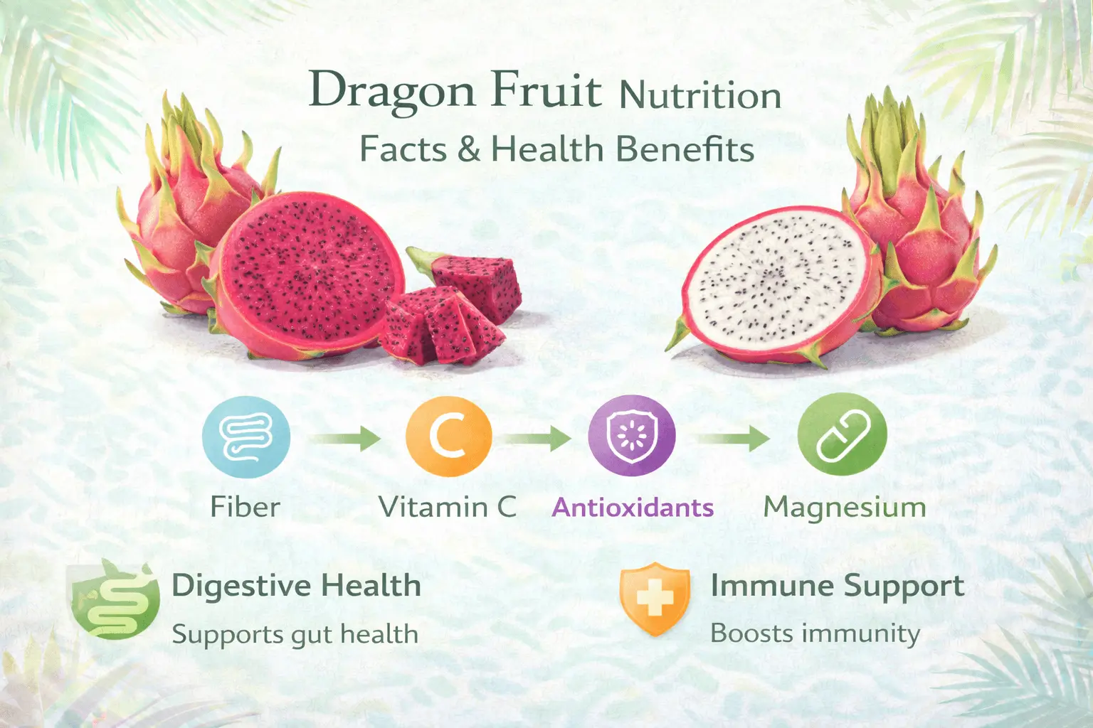 Dragon fruit nutrition infographic showing fiber vitamin C antioxidants and health benefits of pitaya fruit.