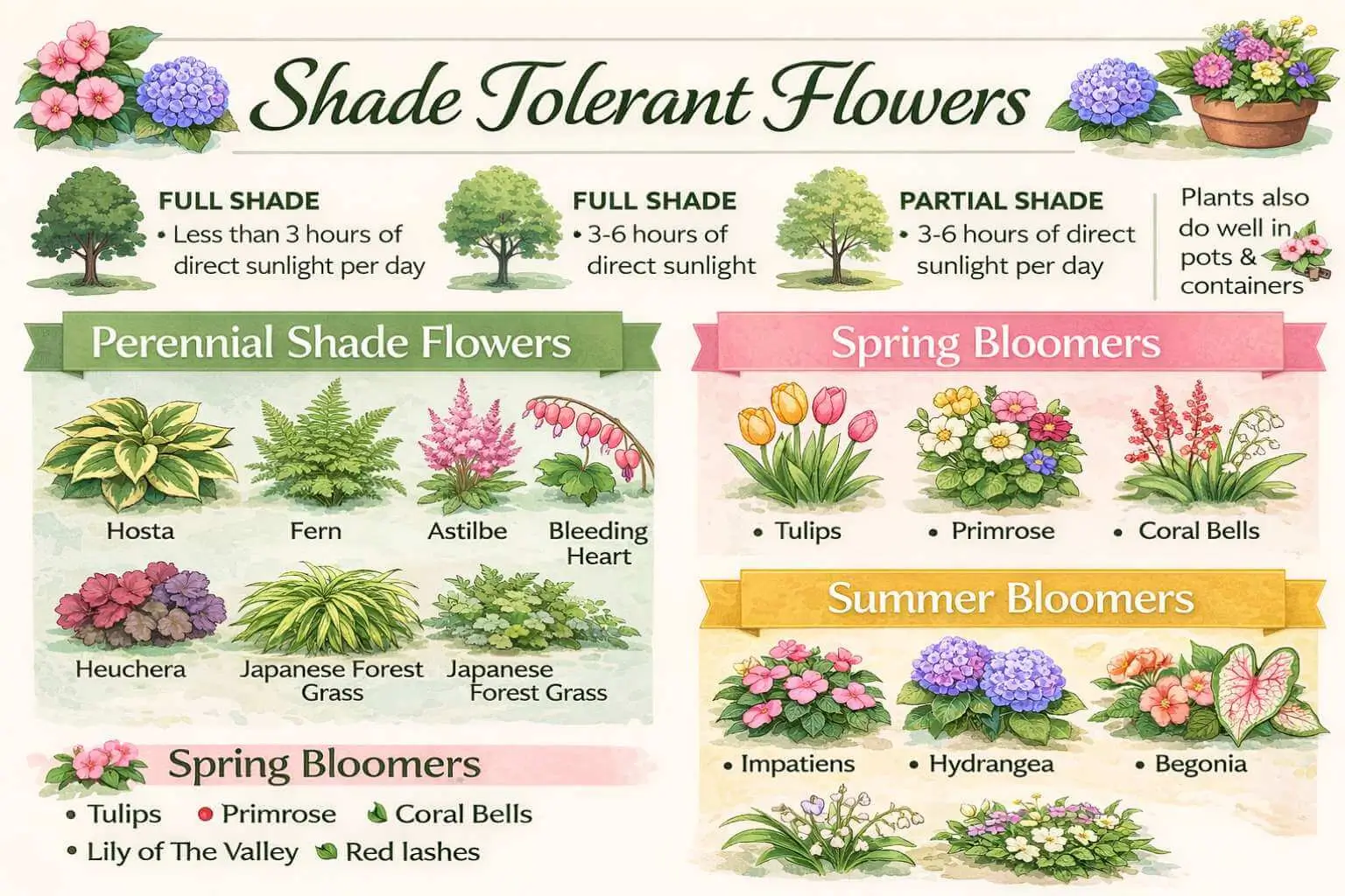 SEO infographic of shade tolerant flowers types, full shade and partial shade plants, flowering plants for shade