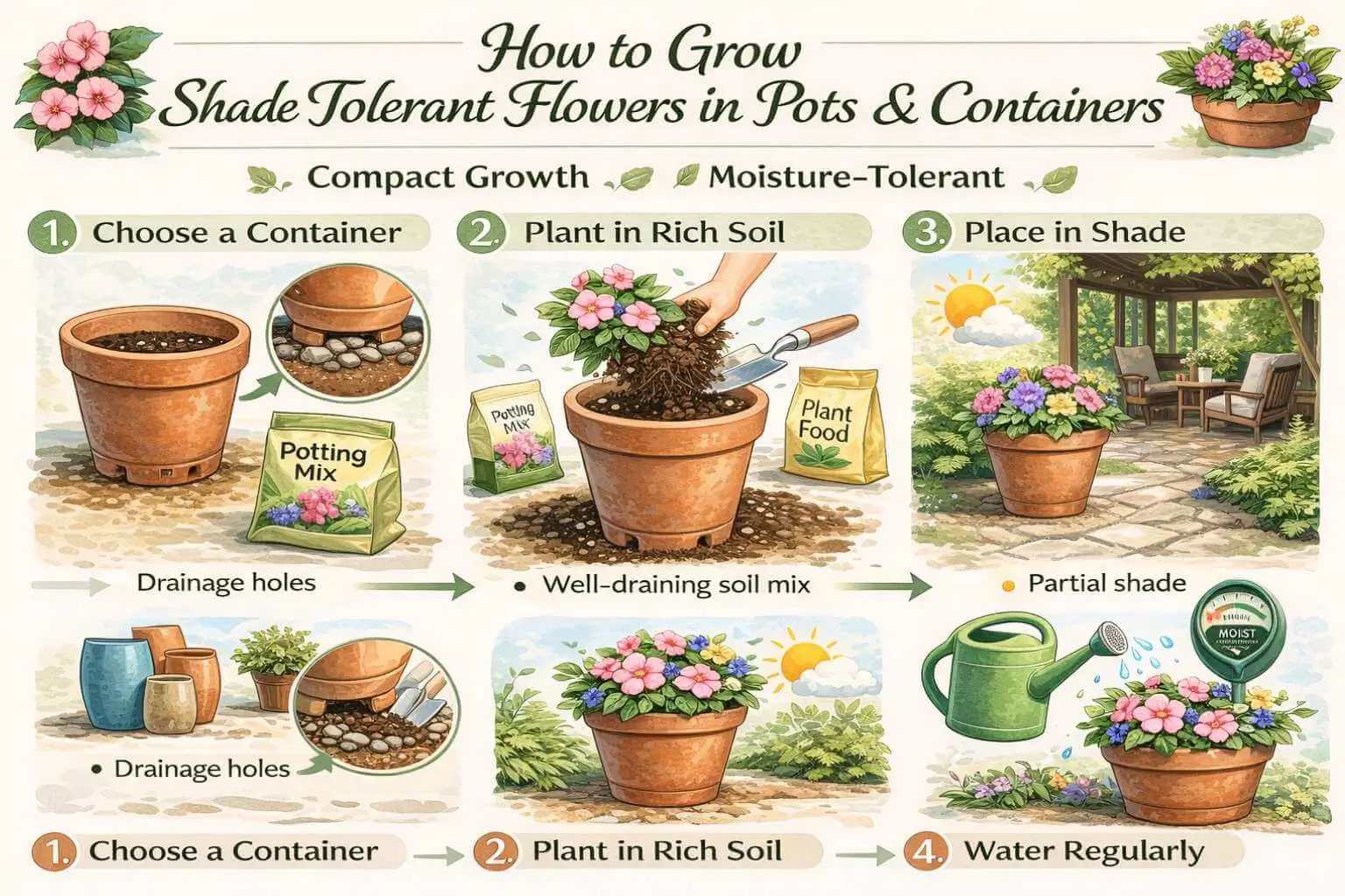 AIO infographic showing how to grow shade tolerant flowers in pots and containers