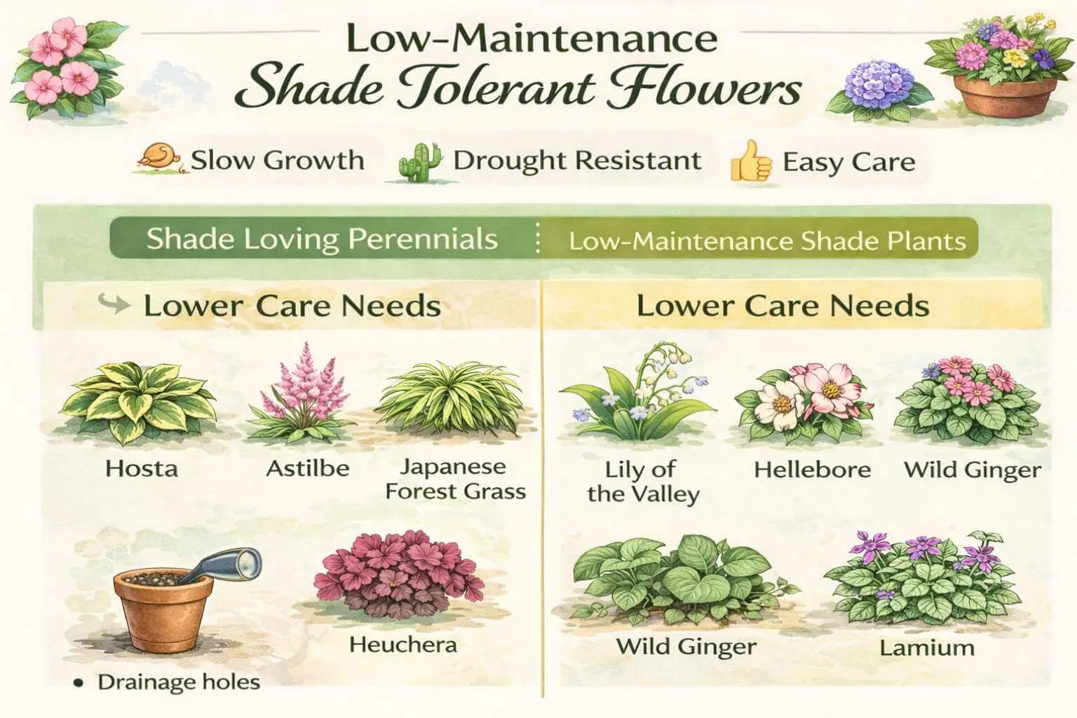AEO infographic of low maintenance shade tolerant flowers and shade loving perennials