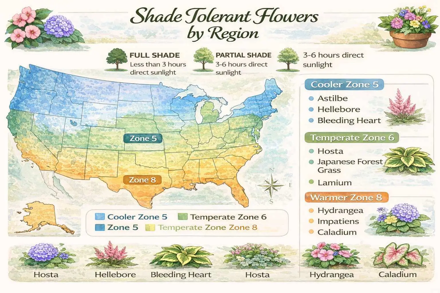 GEO infographic of shade tolerant flowers suitable for different climate zones