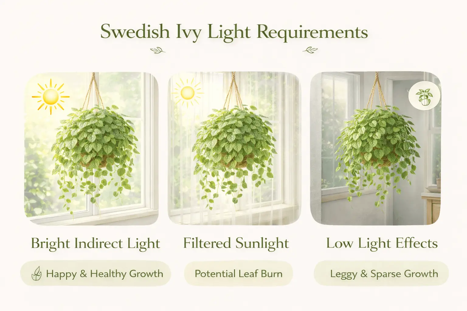 Infographic showing Swedish ivy light requirements and best indoor lighting conditions