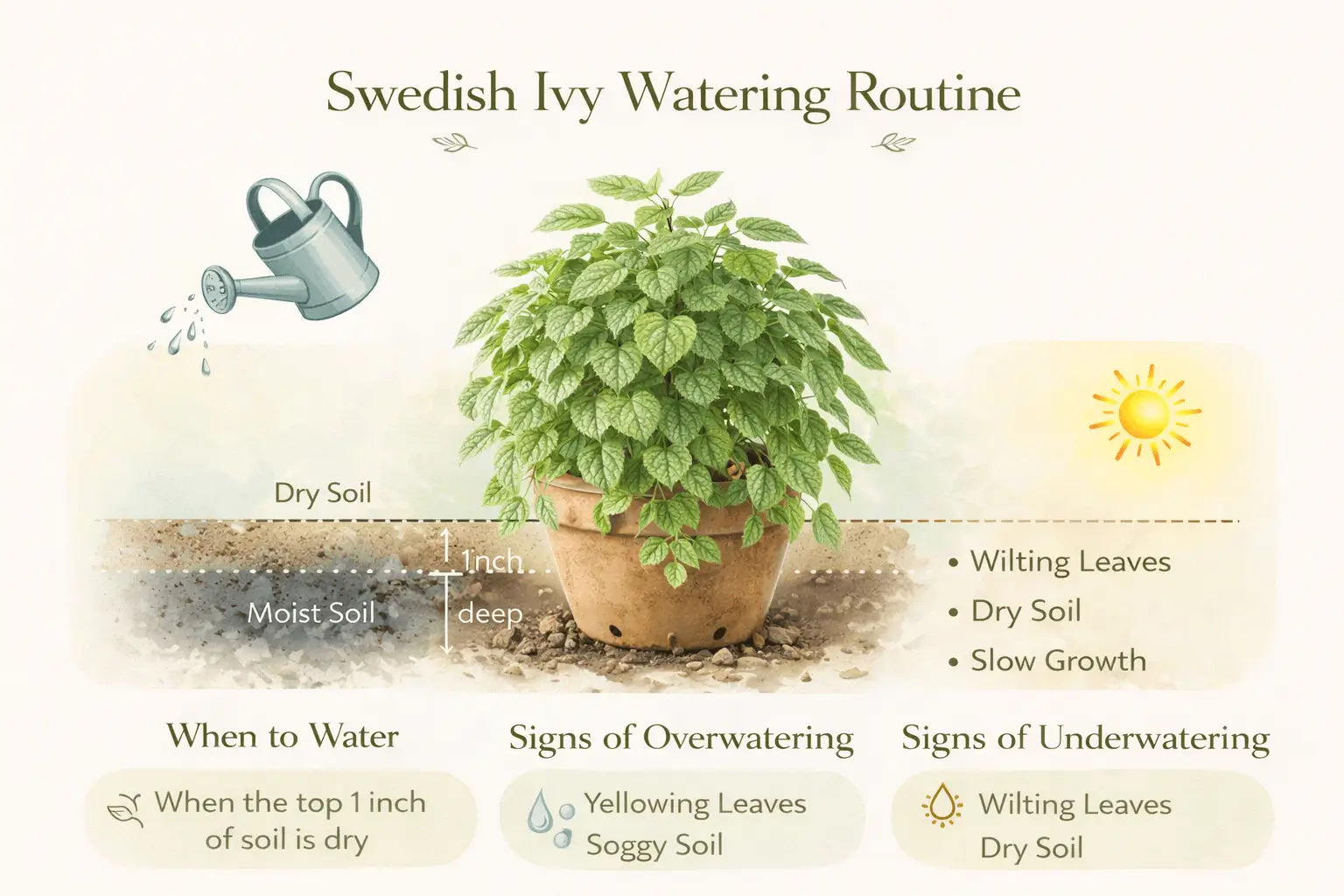 Infographic explaining how often to water Swedish ivy and proper watering habits