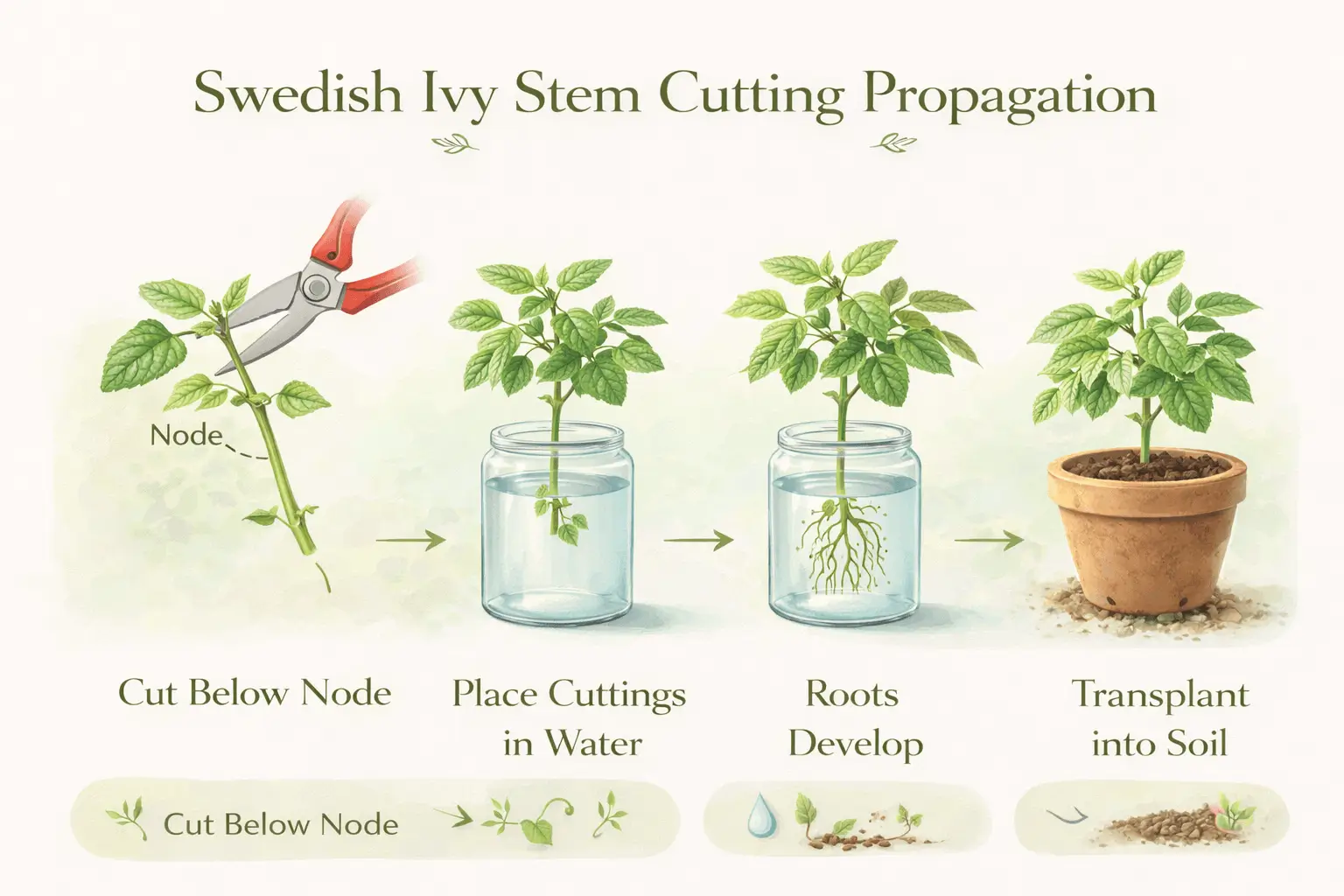 Step-by-step infographic showing how to propagate Swedish ivy from stem cuttings