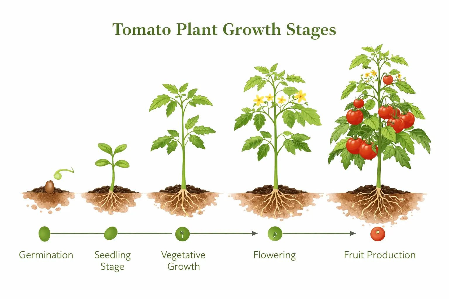Tomato plant growth stages from germination to fruit production infographic.