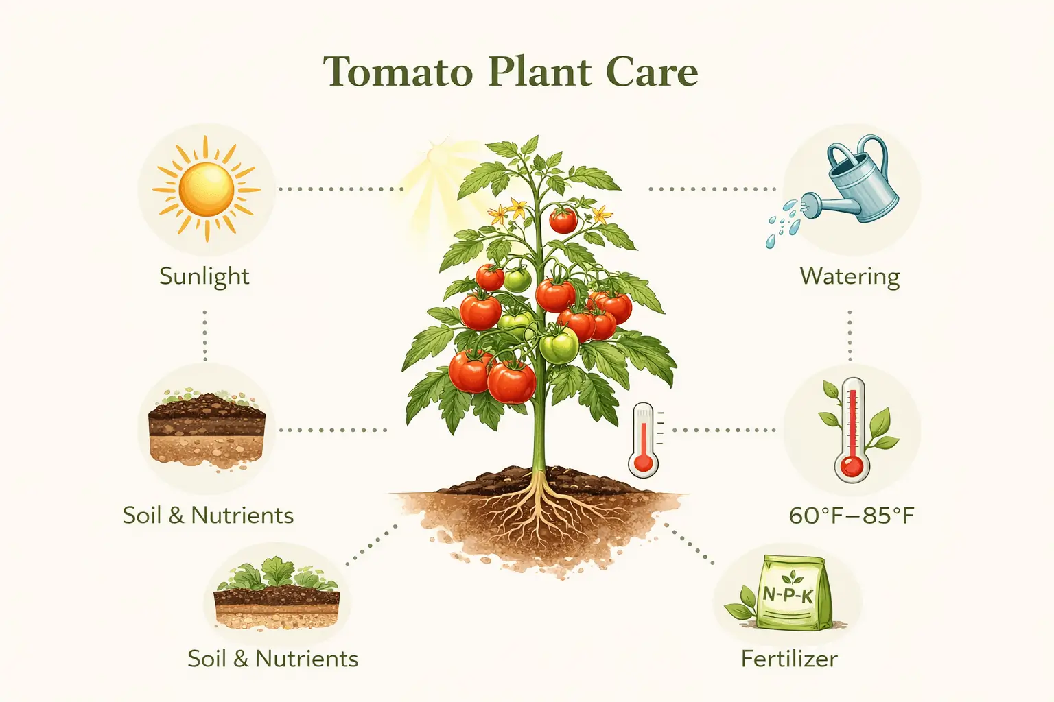 Tomato plant care requirements including sunlight, watering, soil, and fertilizer.