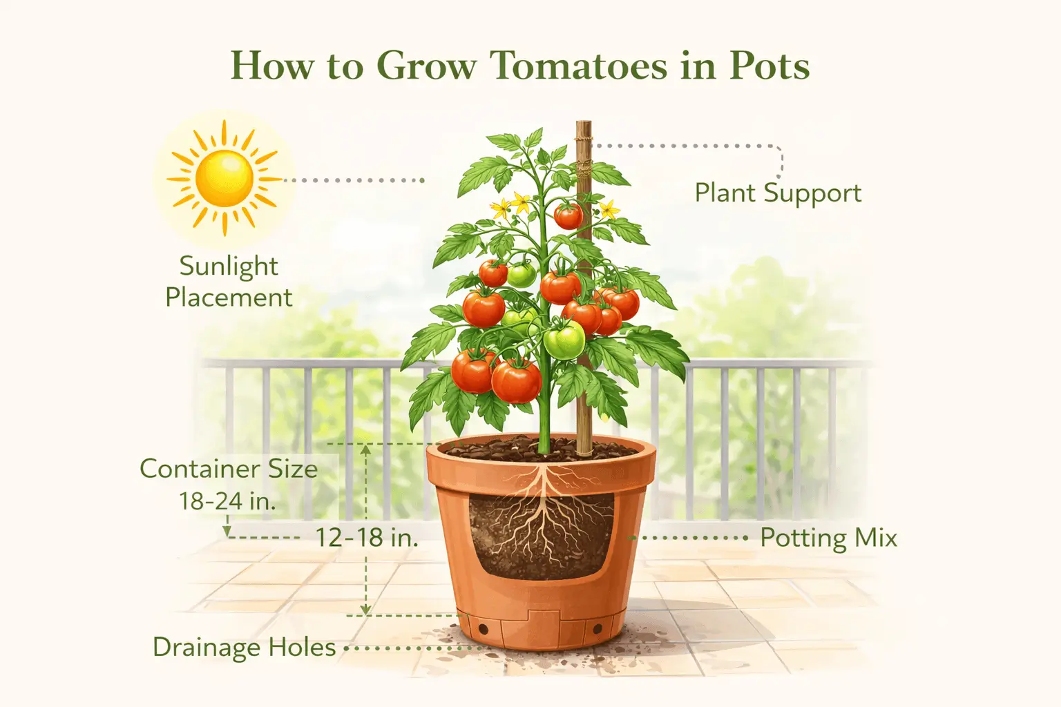 How to grow tomatoes in pots showing container size, soil mix, and sunlight needs.