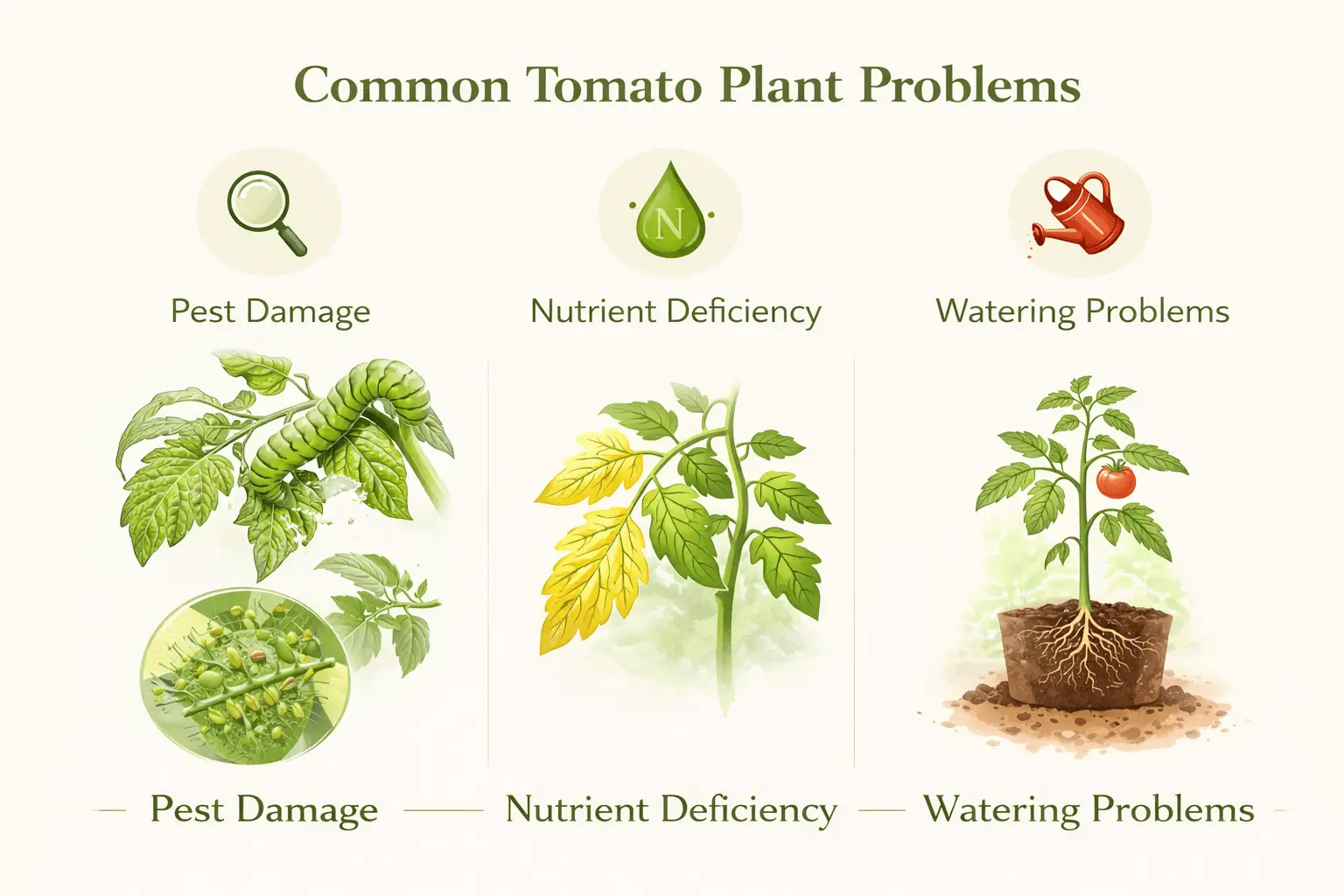 Common tomato plant problems including yellow leaves, pests, and slow growth.
