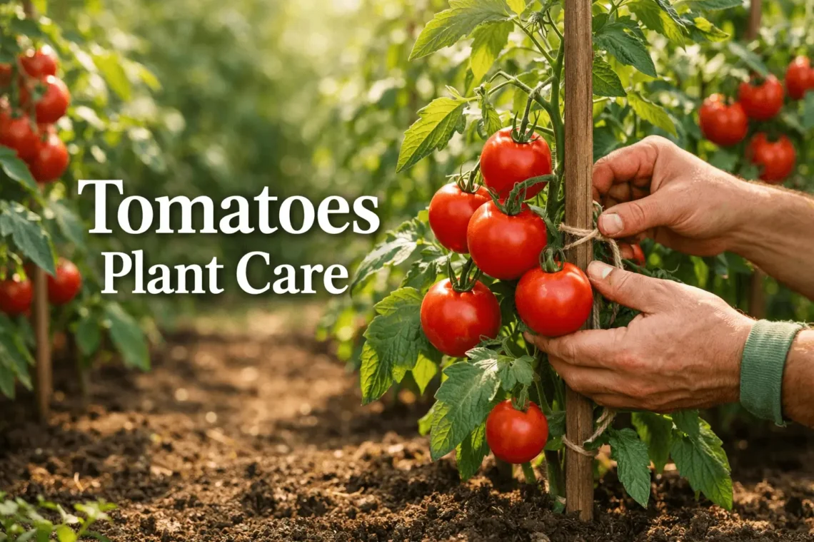 Tomatoes plant care guide showing healthy tomato plants growing in a sunny garden.