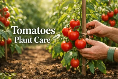 Tomatoes plant care guide showing healthy tomato plants growing in a sunny garden.