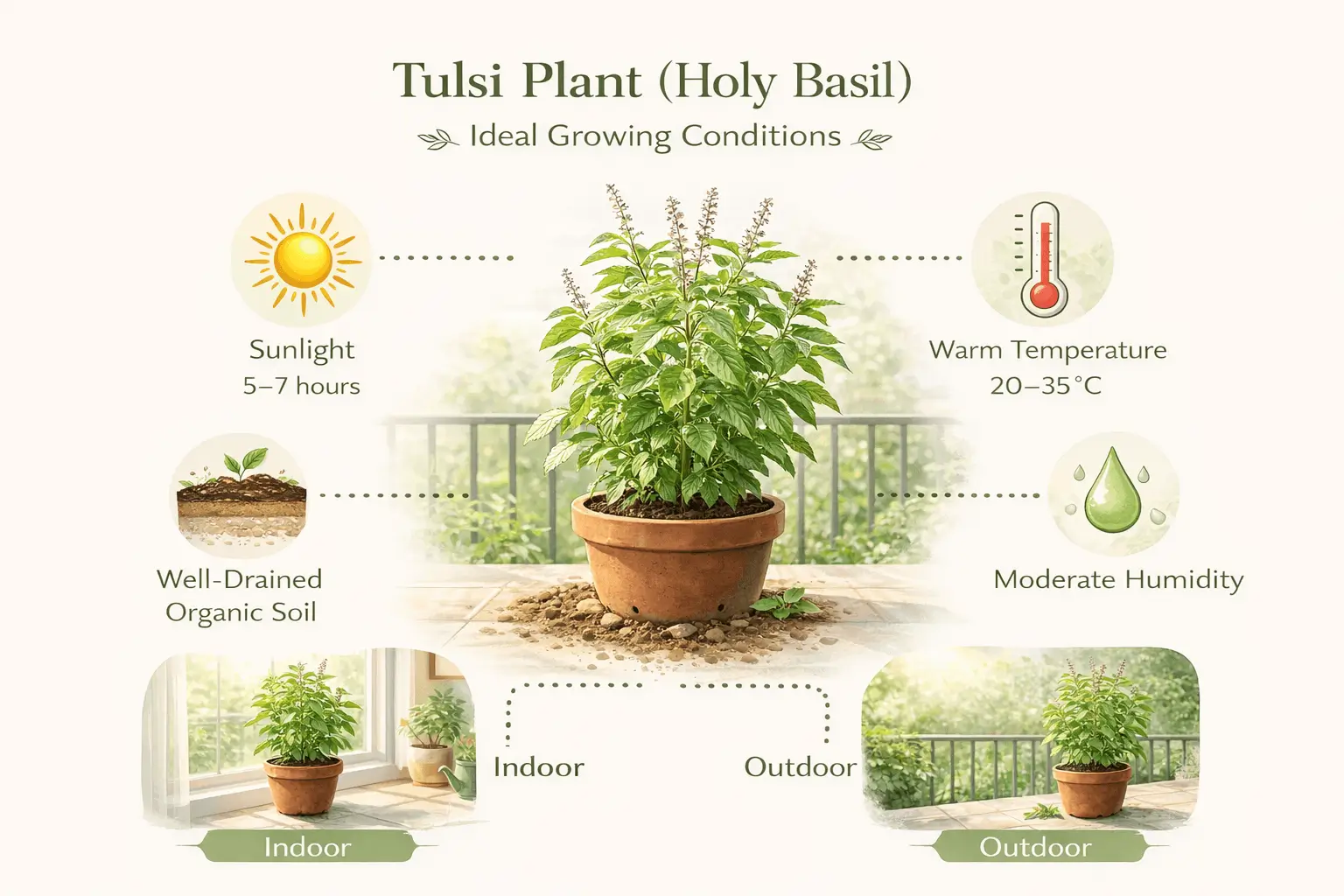 tulsi plant growing conditions infographic sunlight temperature soil