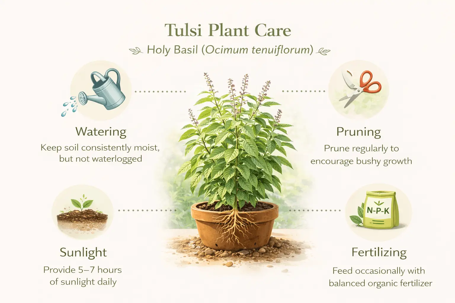 tulsi plant care infographic watering sunlight pruning fertilizer