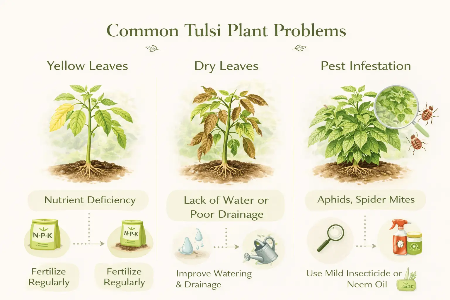 common tulsi plant problems yellow leaves pests infographic