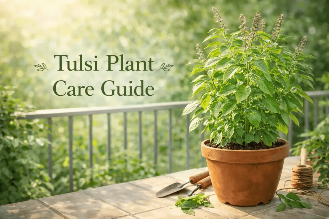 tulsi plant care guide holy basil plant growing in pot with sunlight