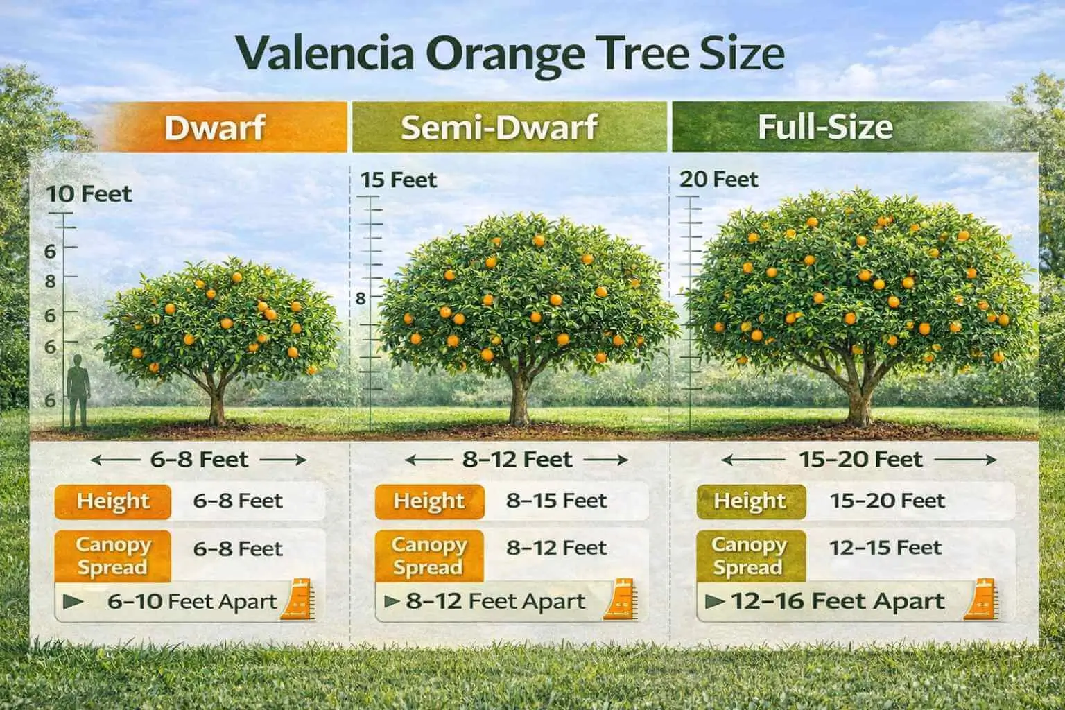 Valencia orange tree size infographic showing dwarf, semi-dwarf, and full-size tree heights and canopy spreads.