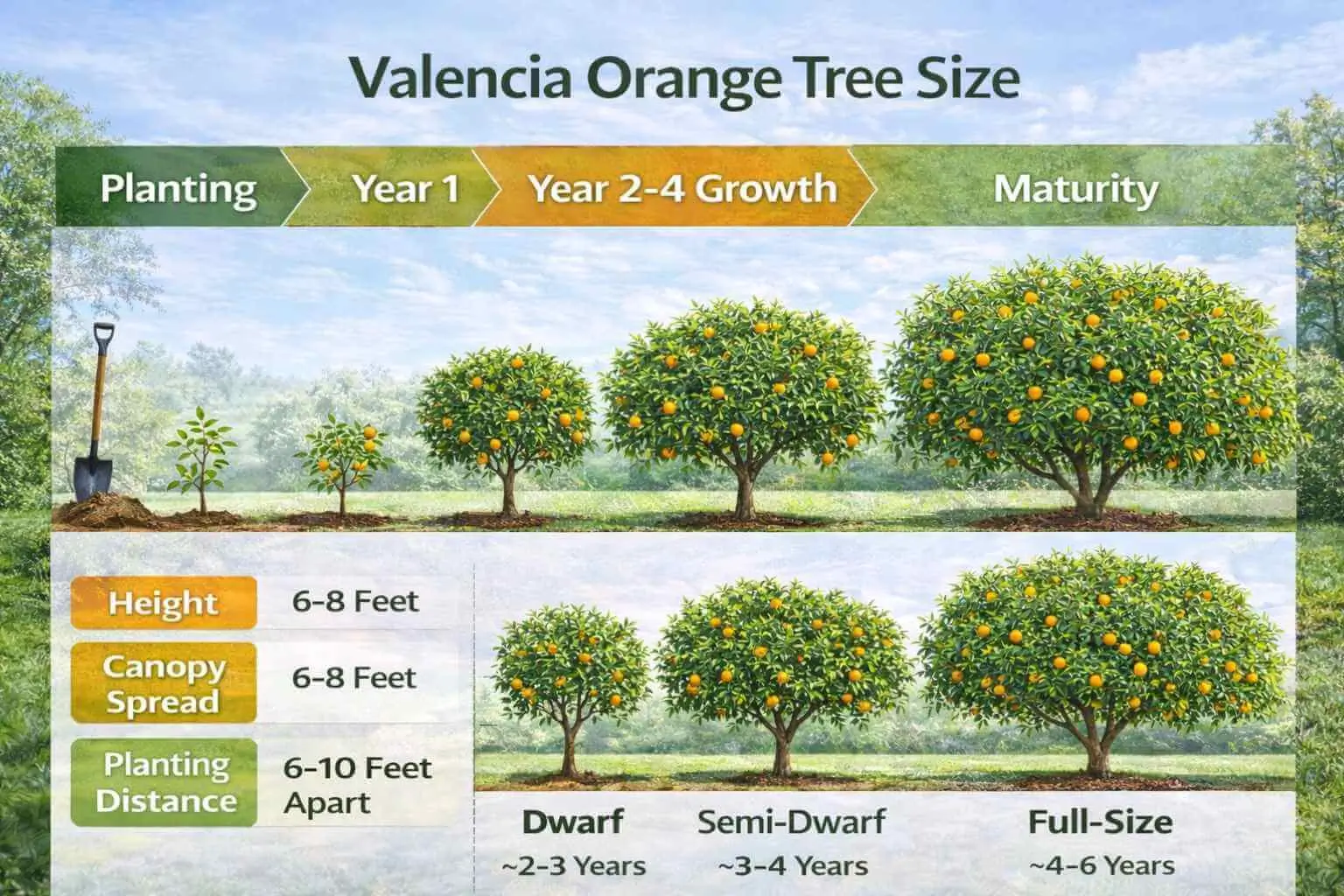 Valencia orange tree size growth stages from planting to full maturity with dwarf, semi-dwarf, and full-size examples.