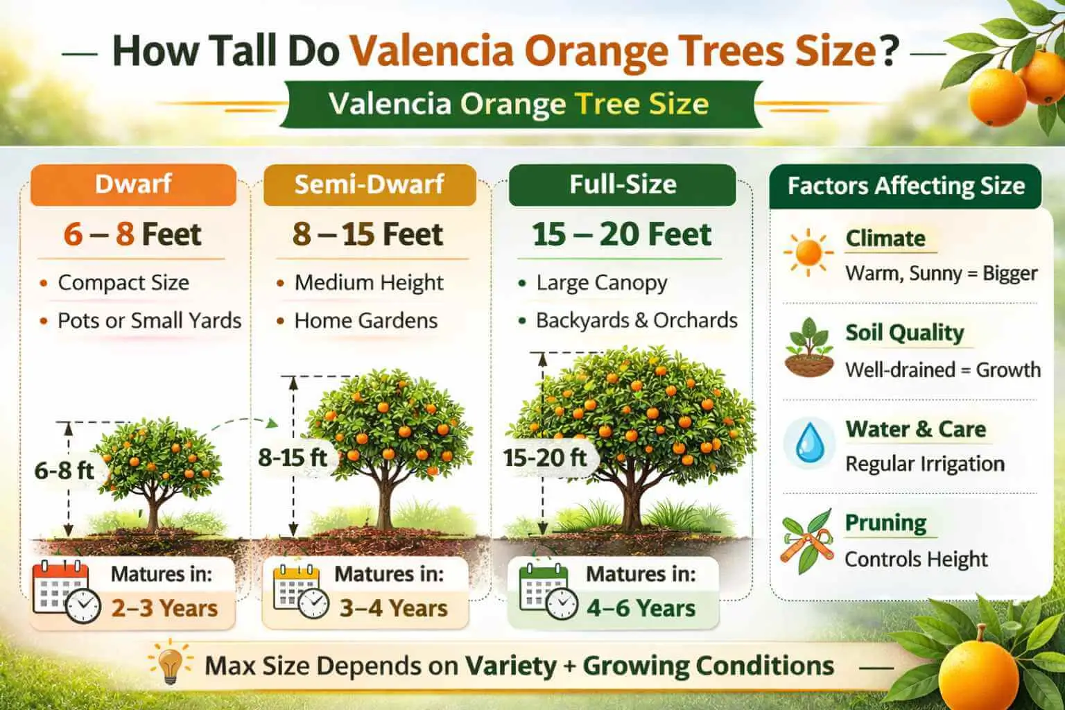 Valencia orange tree size ranges and influencing factors shown in an answer-style infographic.