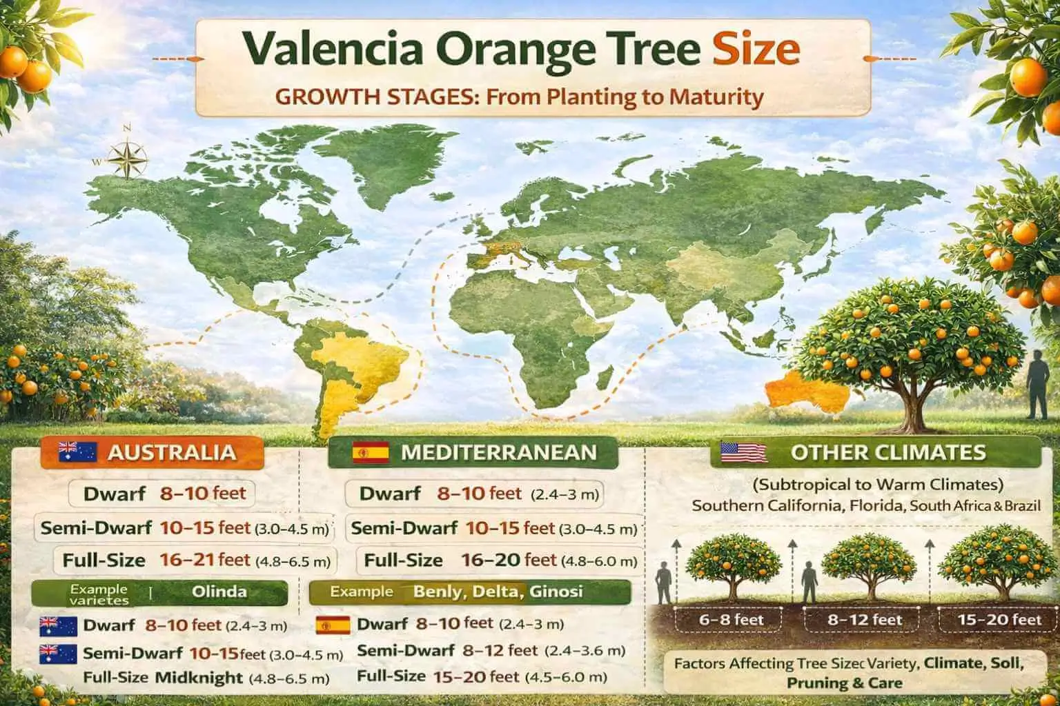Valencia orange tree size by region, showing typical heights for different varieties and climates including Australia.
