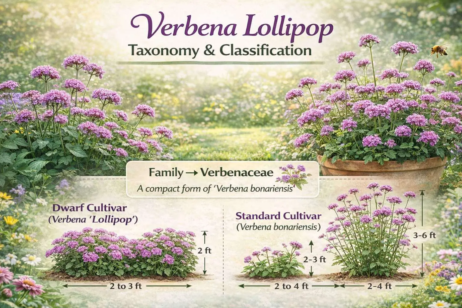 Botanical profile of Verbena Lollipop showing taxonomy, relation to Verbena bonariensis, and dwarf vs standard cultivars.