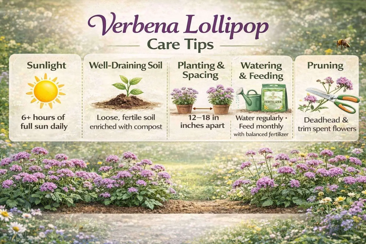 Infographic showing Verbena Lollipop care including sunlight, soil, watering, fertilization, and pruning instructions.