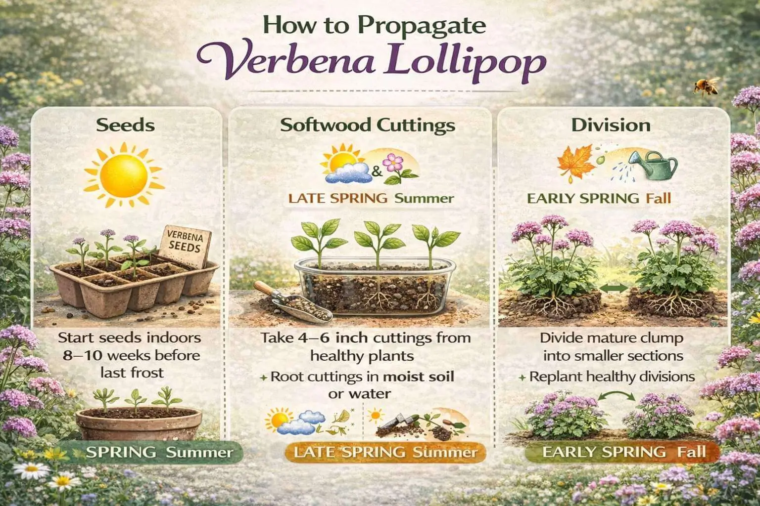 Verbena Lollipop propagation infographic illustrating seed sowing, cuttings, and division methods with optimal growing conditions.