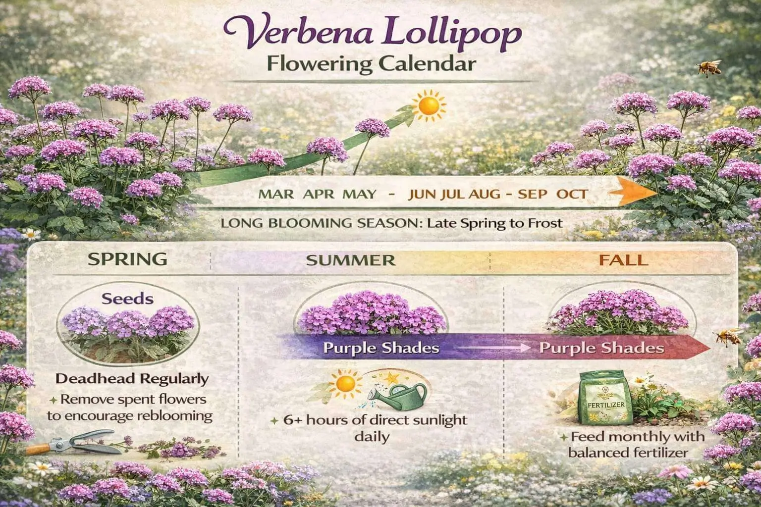 Seasonal care and flowering infographic for Verbena Lollipop showing bloom times, flower colors, and maintenance tips.