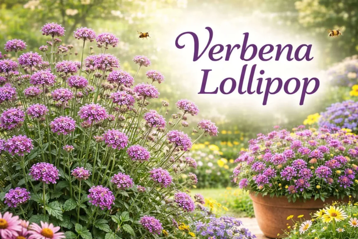 Verbena Lollipop plant with bright purple flowers in garden containers and borders, labeled 'Verbena Lollipop'.