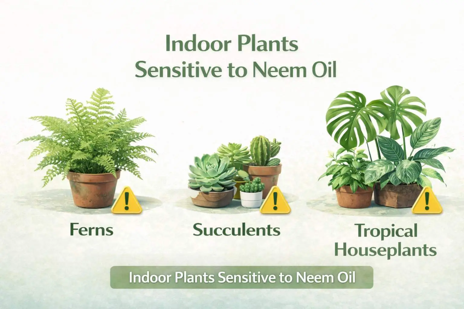 Infographic of indoor plants sensitive to neem oil including ferns, succulents, and tropical species