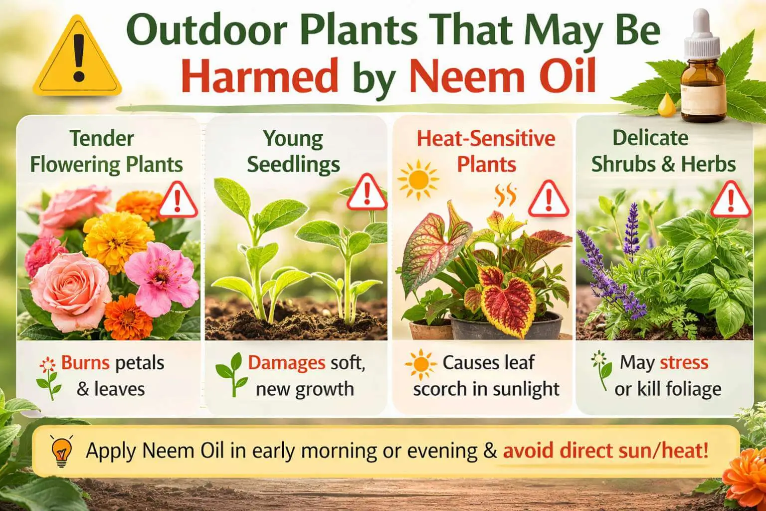 Infographic showing outdoor plants vulnerable to neem oil and factors like sunlight and heat