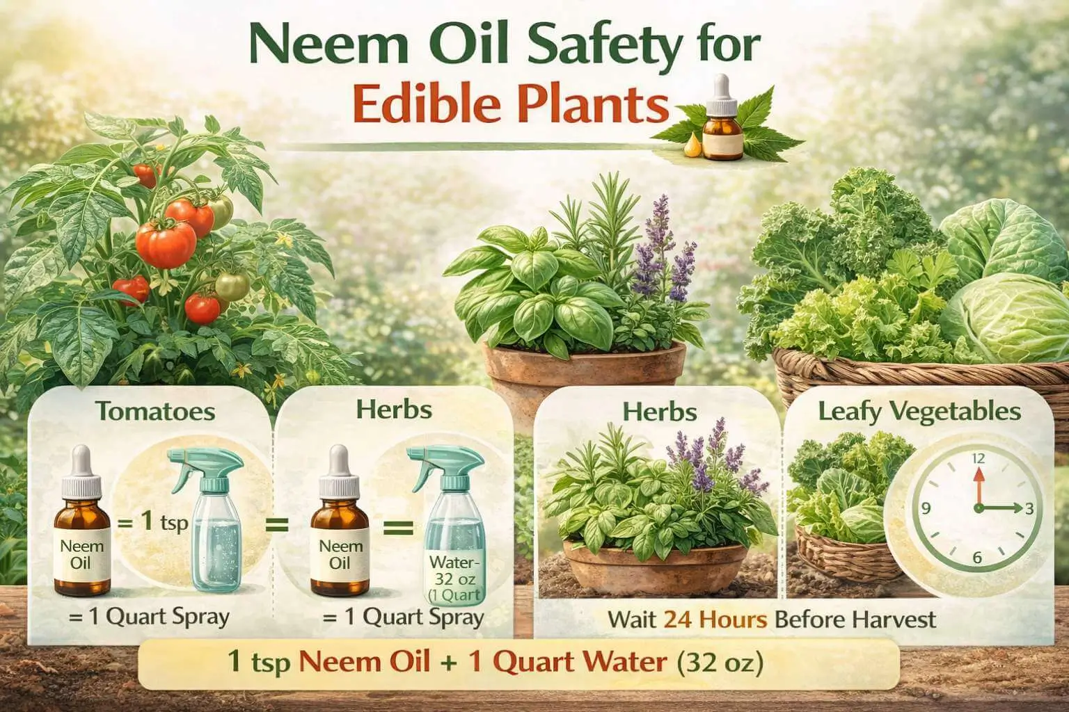 Infographic showing safe neem oil use on tomatoes, herbs, and leafy vegetables with dilution and timing tips