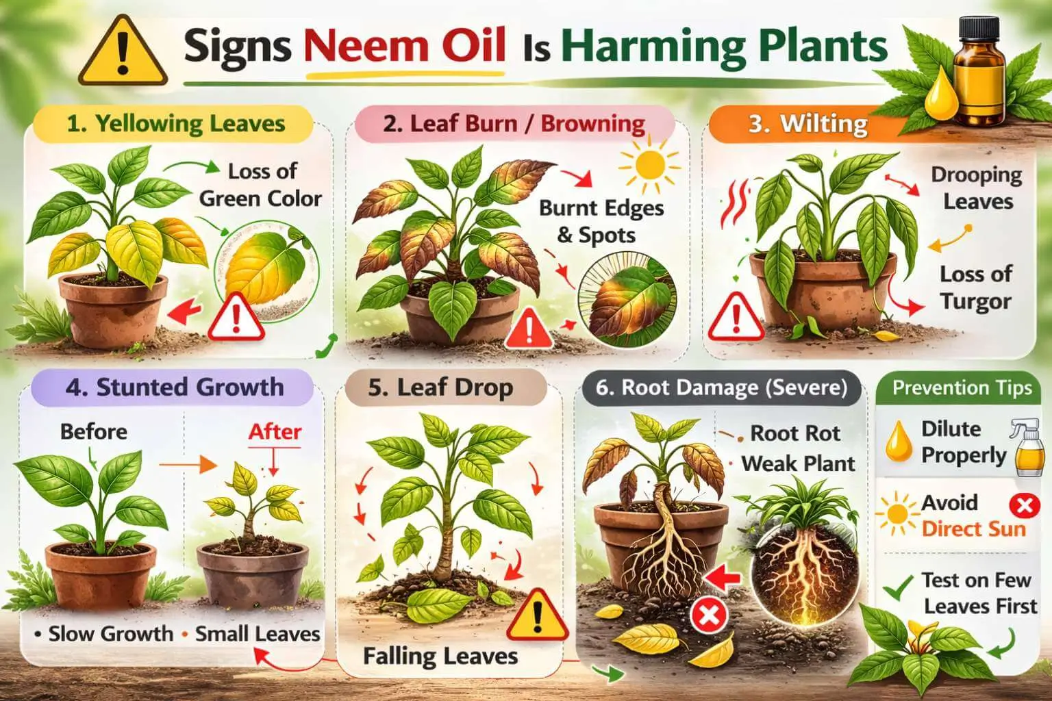 Infographic illustrating signs of plant damage from neem oil including yellowing, wilting, and stunted growth