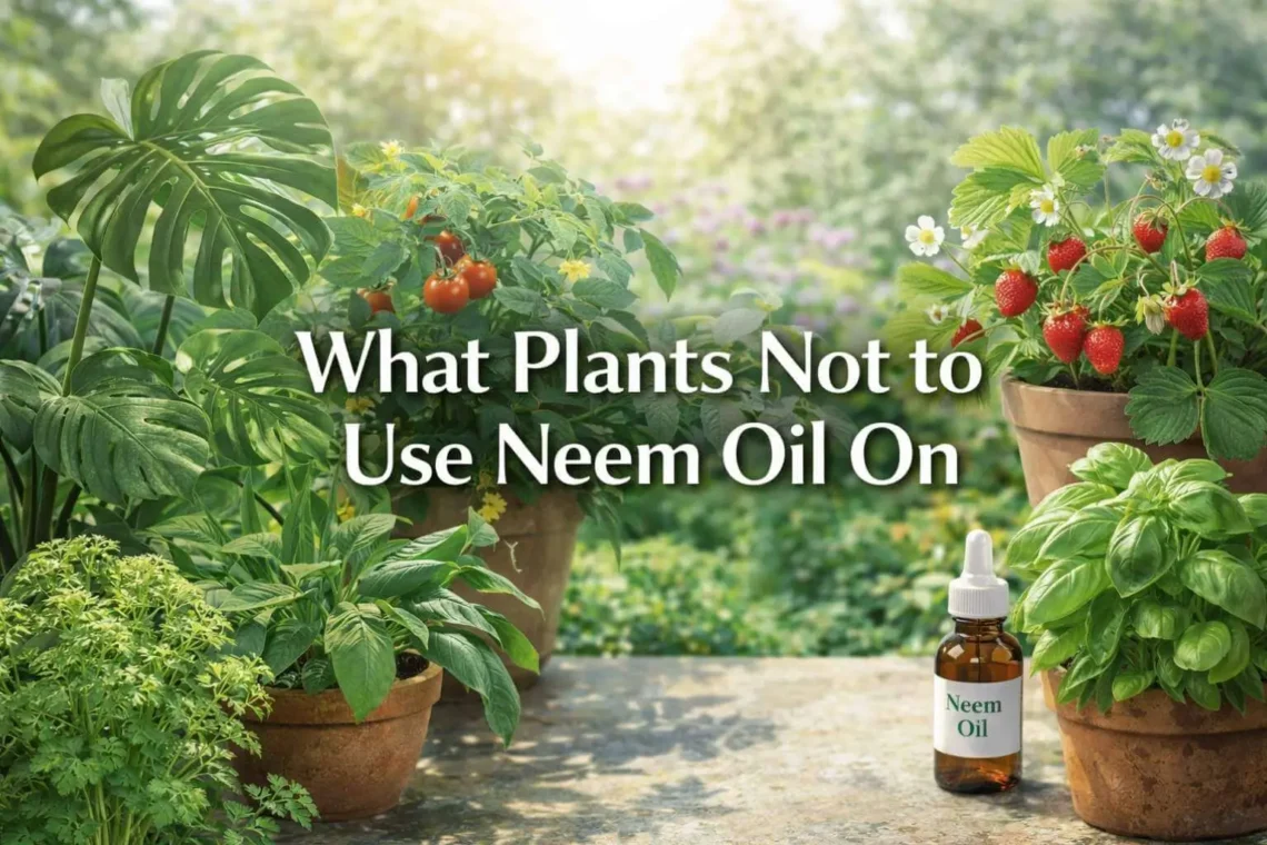 Banner showing indoor, outdoor, and edible plants with neem oil - What Plants Not to Use Neem Oil On