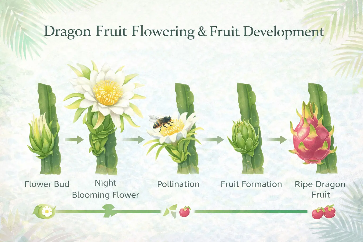 dragon fruit flower stages and fruit development cycle infographic