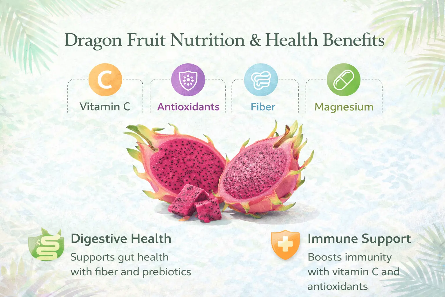 dragon fruit nutrition facts and health benefits infographic showing vitamins and antioxidants